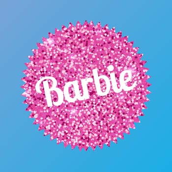 September 2023. Barbie doll. Barbie inscription on a background of pink sparkles. Glitter sticker.Editorial. Vector