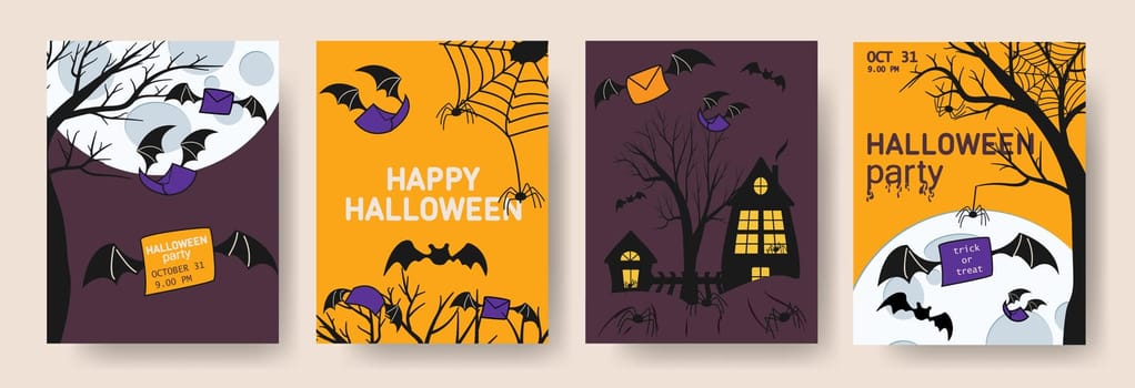 Happy Halloween party posters set with night trees and bats in flat style. Full moon, spiders web and flying envelopes. Vector brochure background