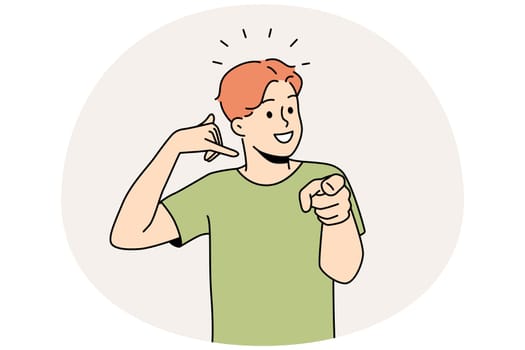 Smiling guy making hand gesture asking to call back. Happy man demonstrate callback sign. Nonverbal communication. Vector illustration.