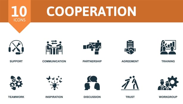 Cooperation icons set. Creative elements: support, communication, partnership, agreement, training, teamwork, inspiration, discussion, trust, workgroup
