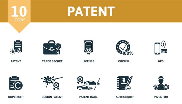 Patent icons set. Creative elements: patent, trade secret, license, original, nfc, copyright, design patent, patent race, authorship, inventor.
