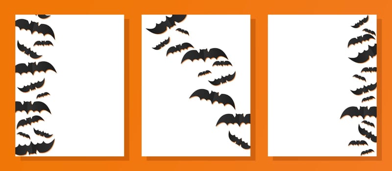 Set of banner designs for Happy Halloween with bats. White templates on orange background. Vector Congratulations, invitations, posters.