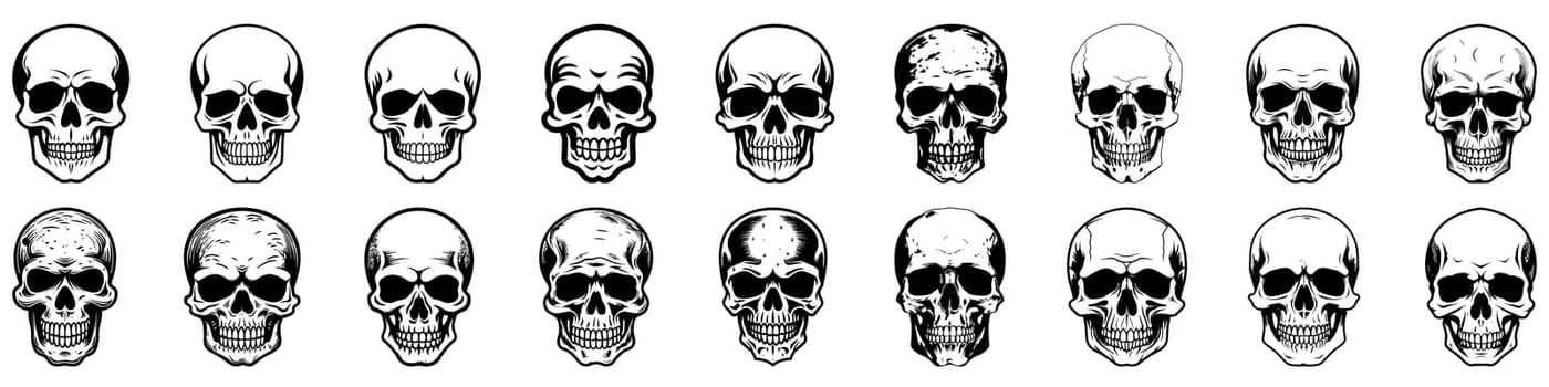Human skulls set. Skull silhouettes. Skull icons set. Collection of drawings human skulls. Vector illustration