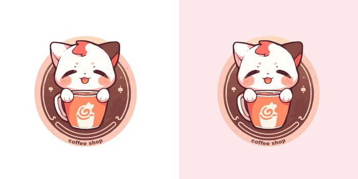 Coffee shop logo design with cute cat and flowers template. Original coffee emblem. Vector art