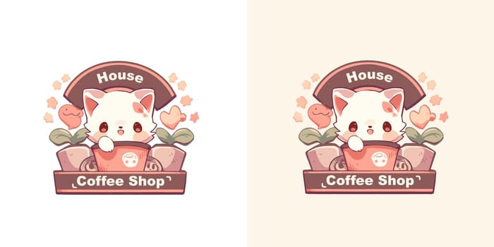 Coffee shop logo design with cute cat and flowers template. Original coffee emblem. Vector art