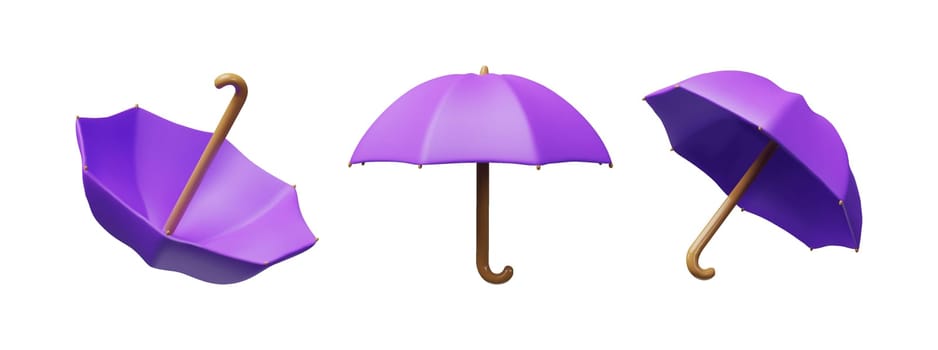 Set of 3D render purple umbrella. Vector illustration in clay plasticine style. Protection icon against sun, rain. Realistic parasol. Symbol of insurance. Meteorology weather handle season elements.