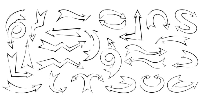Set of silhouettes of thick direction and growth arrows in doodle style. Vector simple arrows
