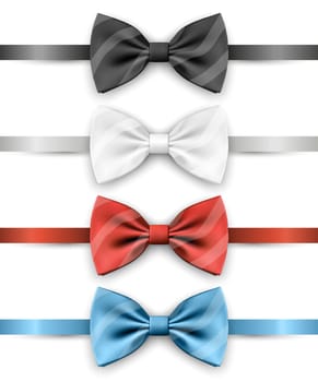 Vector 3d Realistic Blue, Black, Red, White Striped Bow Tie Icon Set Closeup Isolated. Silk Glossy Bowtie, Tie Gentleman. Mockup, Design Template. Bow tie for Man. Mens Fashion, Fathers Day Holiday.