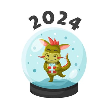 Glass snow globe with a small dragon holding a gift, concept of the year of the dragon. New year 2024 illustration. Postcard with chinese dragon. Glass ball with snow. Kids illlustration.