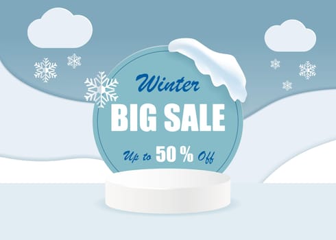 Winter sale banner with 3d podium. Winter background with snowdrifts and clouds in paper cut style. Vector paper art.