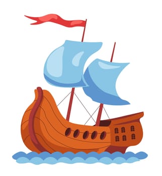 Wooden old vessel for voyage, isolated sailing ship with flag and small windows. Antique transport and discoveries, large boat with sails for traveling and transportation. Vector in flat style