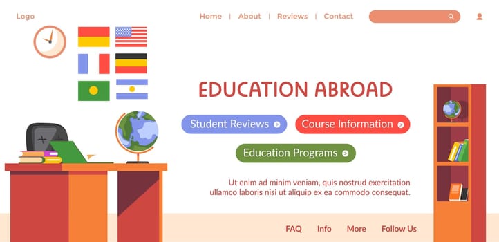 Classes and courses for students, education abroad. Programs and reviews, information about lessons. Obtaining quality knowledge. Website landing page template, internet site. Vector in flat style