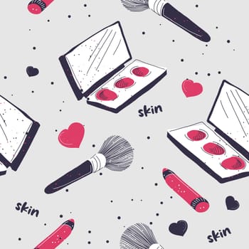 Cosmetic products and skincare for women. Brush for powder or blush, lipstick pencil or gloss. Female beauty routine and care. Seamless pattern, background print or wallpaper. Vector in flat style