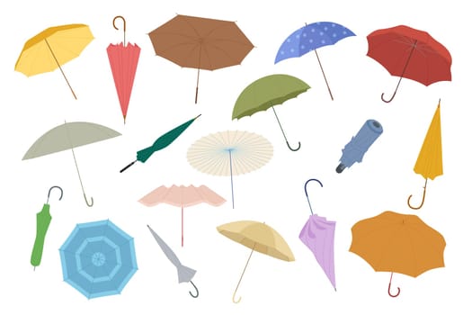 Umbrella set vector illustration. Cartoon isolated open and folded parasols with handles in different colors, waterproof fashion accessory collection for rain weather protection, top and side view