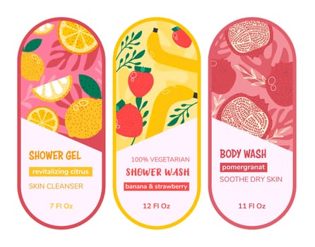 Body wash and shower gel with organic ingredients and components. Skin cleanser to soothe dry skin and revitalization.Emblem or logotype, logo or promotional banner for product. Vector in flat style