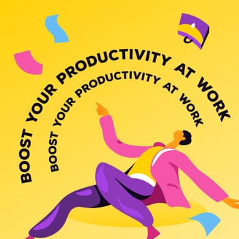 Productivity boost at work, employee with raised energy levels and motivation. Inspired character with documents and paperwork, personage or boss, leader or company director. Vector in flat style
