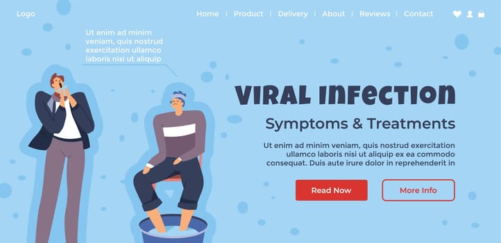 Treatment and symptoms of viral infection, read now and get more information. People with signs of illness or sickness showing. Website landing page template, internet site. Vector in flat style