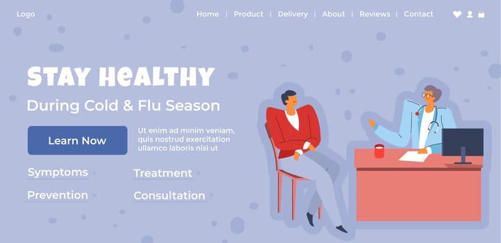 Cold and flu season, stay healthy during sickness period. Learn symptoms and prevention, treatment and consultation of doctor. Website landing page template, internet site. Vector in flat style
