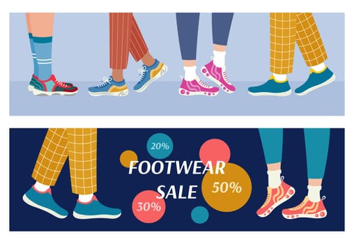 Footwear Banners Set. Legs in sneakers side view. Special offer design. Advertising banner with sports shoes. Flat vector illustration.