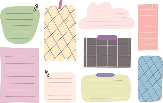 Set of planner paper notes. Lined and squared sticker notes for to-do-list, memo message and reminder. Vector illustration