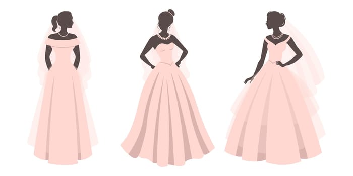 Set of brides in pink wedding dresses, silhouettes. Luxurious wedding dresses for brides. Illustration, vector