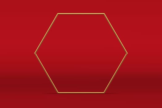 3d golden hexagonal frame luxury promo stand red studio background promo showroom vector illustration. Realistic hexagon border elegant geometric shape decorative element fashion premium product show