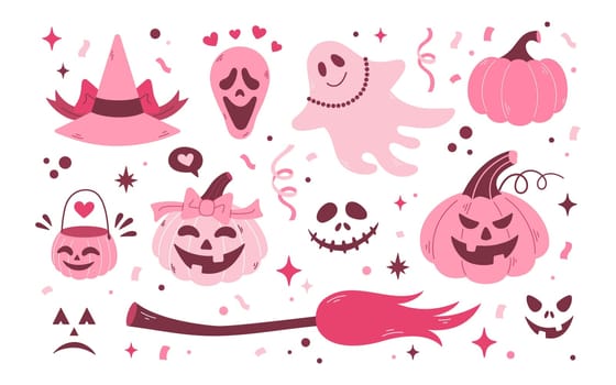 Barbie core Halloween set. Cartoon pink vector icons. Pumpkin, spirit, hat, pumpkin, Jack lantern, broom. Girls pink core style. Halloween illustration collection.