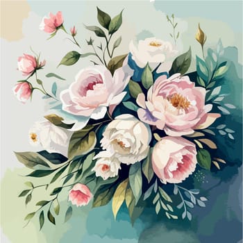 Dusty pink and cream rose, peony, hydrangea flower, tropical leaves vector design wedding bouquet greenery. Floral pastel watercolor style. Spring bouquet. Vector illustration