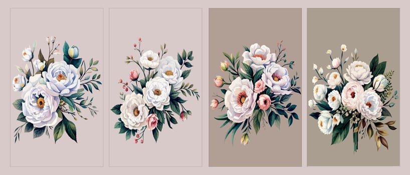 Banner set floral pattern with peonies on light background, watercolor. Template design for textiles, interior, clothes, wallpaper. Botanical art vector illustration