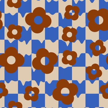 Groovy seamless pattern in trendy retro trippy style. Hippie 60s, 70s style. brown, blue colors