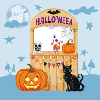 Banner decor with design elements for Halloween celebration decoration. Halloween frame. Wooden booth with pumpkin, black cat, treats, garland with flags, web with spiders, skull and crossbones.