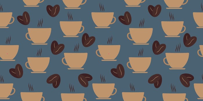 Cute seamless vector pattern with espresso cup and coffee beans. Lovely repeatable smiling coffee cup print, perfect for wrapping paper, fabric, textiles. Vector. Vector illustration