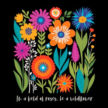 Boho Wildflowers Print with Slogan in Bright Colors on Black Backdrop. In a field of roses, be a wildflower. May used for Fashion, T Shirts, Covers, Posters and other. Vector illustration