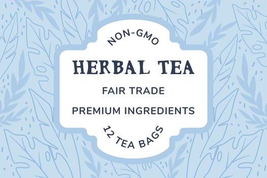 Herbal tea, fair trade premium ingredients, non gmo natural products and wellness. Balanced dieting supplement and healthy eating. Package logotype or label, emblem or logo. Vector in flat style