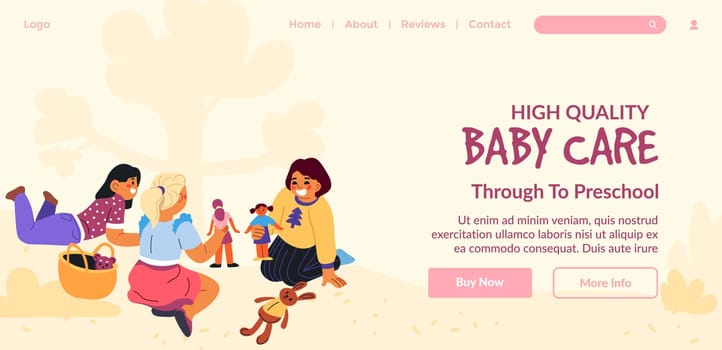 Baby care through to preschool, high quality healthcare and advice from experts. Kindergarten or nursery for children and kids. Website landing page, internet page template. Vector in flat style