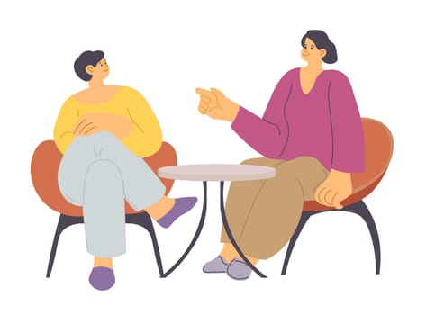 Female characters sitting on chairs talking or discussing issues. Isolated therapy or break at work, women chatting about work related problems. People in office, employees. Vector in flat style