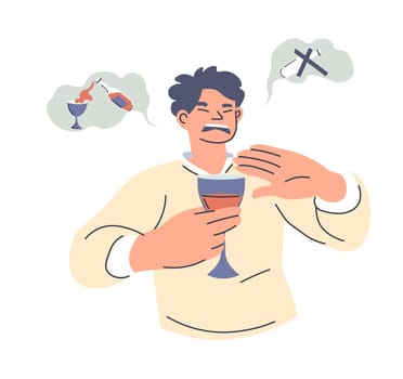 Man with bad and destructive habits, isolated male character refusing to drink alcoholic beverage. Fight with own problems and health issues. Addiction and weakness. Vector in flat style illustration