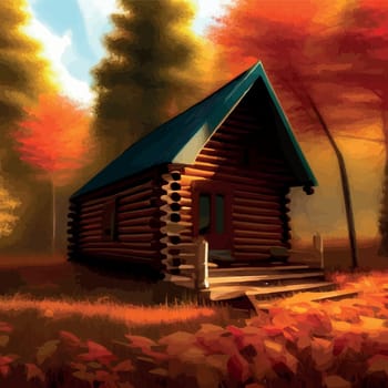 Old wooden hut in autumn forest. In bright orange colors autumn. To protect yourself from hustle and bustle city In a fairy forest where silence and peace Autumn forest landscape. Vector illustration