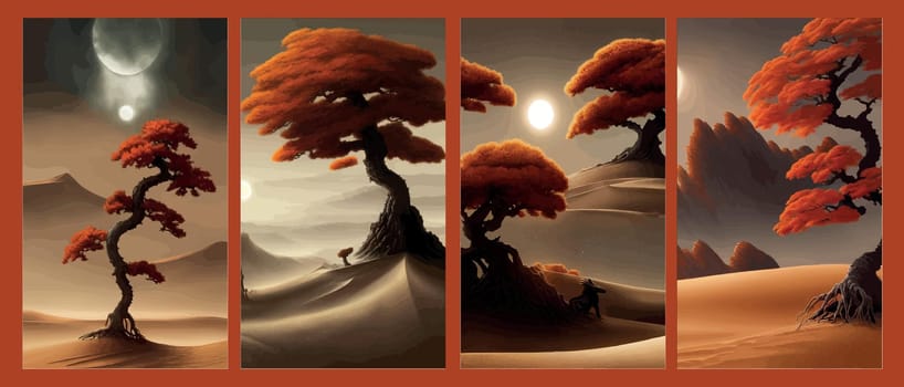 A gloomy autumn orange tree in desert against backdrop mountains and hills in a fantasy world. Vector illustration