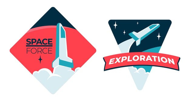 Cosmos discovery, space force and exploration, Isolated icons with rocket and celestial bodies flying in sky. Celestial bodies examination and reaching stars, illumination. Vector in flat style