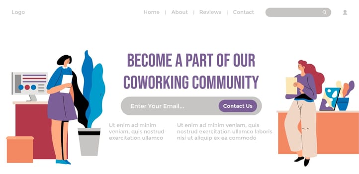 Be a part of our coworking community, people working on project and communication. Teamwork and business development. Website landing page template, internet site. Vector in flat style illustration