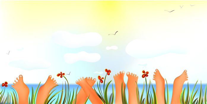 Vector illustration of funny children's toes up to the sun.