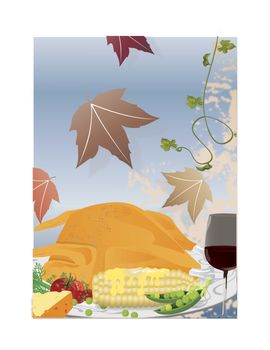 Thanksgiving poster clip-art with roasted turkey, wine and autumn leaves