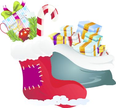 Clip art image of a sock and sack with Christmas gifts