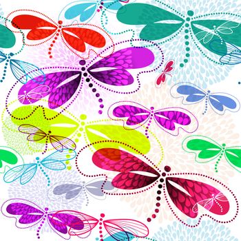 Seamless white pattern with vivid translucent colorful dragonflies and fireworks (vector EPS 10)