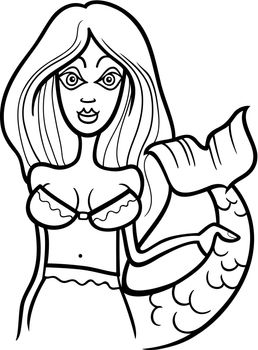 Illustration of Beautiful Mermaid Woman Cartoon Character or Pisces Horoscope Zodiac Sign for coloring