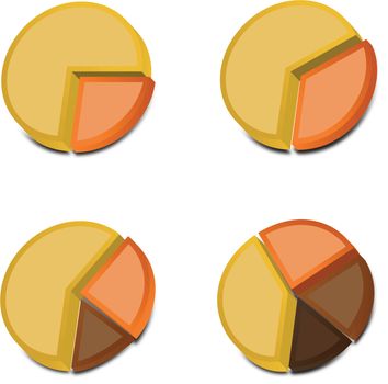 Four 3D pie charts with various amounts graphed with yellow, orange, and two shades of brown.  These vectored images may be used in a wide variety of displays.