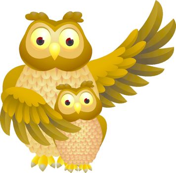 Vector Illustration Of Mother owl with baby owl