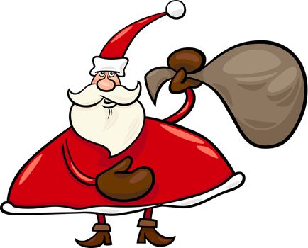 Cartoon Illustration of Santa Claus or Papa Noel with Presents in Sack for Christmas