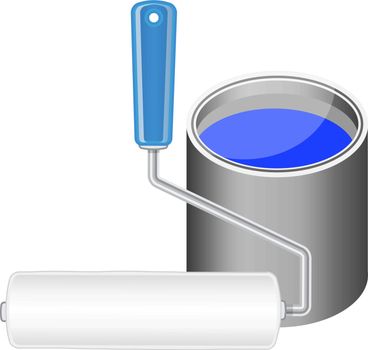 Paint roller and bucket with blue paint